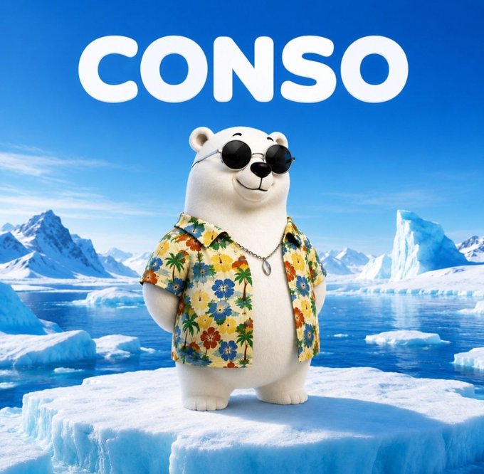 A 3D rendering of a polar bear wearing sunglasses, a necklace, and a floral Hawaiian shirt, standing on an iceberg with the word 'CONSO' in large white letters above it.