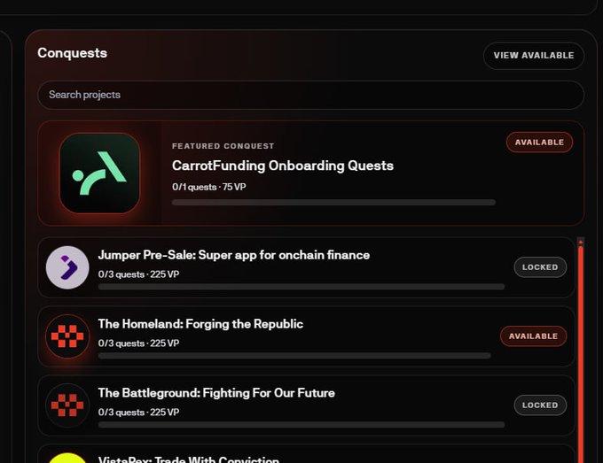 A dark-themed UI dashboard titled 'Conquests' displays a list of quests including 'CarrotFunding Onboarding Quests', 'Jumper Pre-Sale: Super app for onchain finance', 'The Homeland: Forging the Republic', 'The Battleground: Fighting For Our Future', and 'VistaPex: Trade With Conviction' with VP point rewards and status badges.