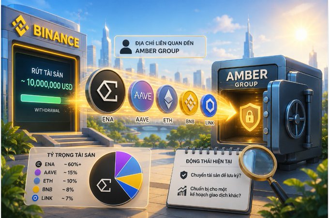 Cryptocurrency graphic showing a Binance withdrawal of ~10,000,000 USD related to Amber Group, with asset composition: ENA ~60%, AAVE ~15%, ETH ~10%, BNB ~8%, LINK ~7%.