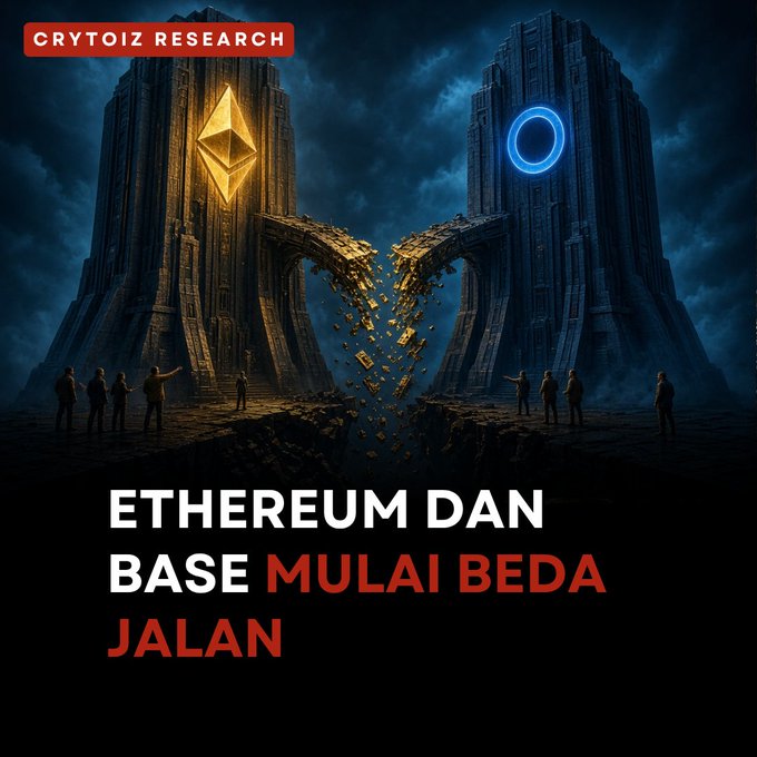 A Crytoiz Research graphic with a dramatic dark image of two futuristic towers (one with an Ethereum diamond logo, the other with a blue Base ring logo) separating, with text 'ETHEREUM DAN BASE MULAI BEDA JALAN' in white and red.