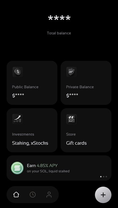 A screenshot showing the dashboard of a beta crypto wallet app (likely Stealf), displaying "Total balance" of $**** with four sections: Public Balance, Private Balance, Investments (Staking, xStocks), and Store (Gift cards), along with a banner offering 4.85% APY on SOL staking. The image illustrates the new beta release mentioned in the post, highlighting the app's privacy-focused features that separate public and private balances.
