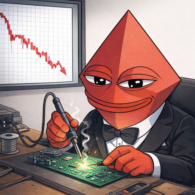 The image shows a red polymarket character with a goatee and an electronic circuit board in front of him while he is working on it. He appears to be wearing a suit and tie, indicating that he may be a professional or expert in his field. The background features a graph of a declining line, which is related to the ongoing discussion about Bitcoin prices as indicated by the post. It appears that the Polymarket character is trying to repair something electronic using a soldering iron, perhaps attempting to fix an issue within the circuit board. This scene demonstrates how characters and technology can be combined in creative works, such as illustrations or comic strips, with the intention of conveying information and engaging the reader.
