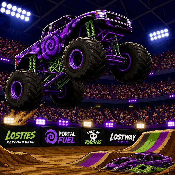 Digital artwork of a purple monster truck performing a jump in a stadium, with banners below reading 'LOSTIES PERFORMANCE', 'PORTAL FUEL', 'LOST AF RACING', and 'LOSTWAY TIRES'.
