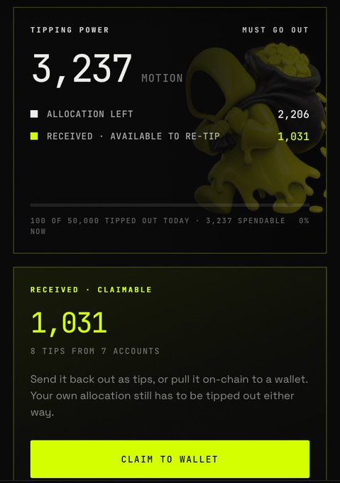A dashboard displays tipping power of 3,237 for $MOTION with 1,031 received and claimable from 8 tips across 7 accounts, alongside a "CLAIM TO WALLET" button. The image illustrates the rewards side of the $MOTION ecosystem referenced in the post, emphasizing that quality engagement—shown by receiving tips from multiple accounts—earns points rather than repetitive or spammy behavior.