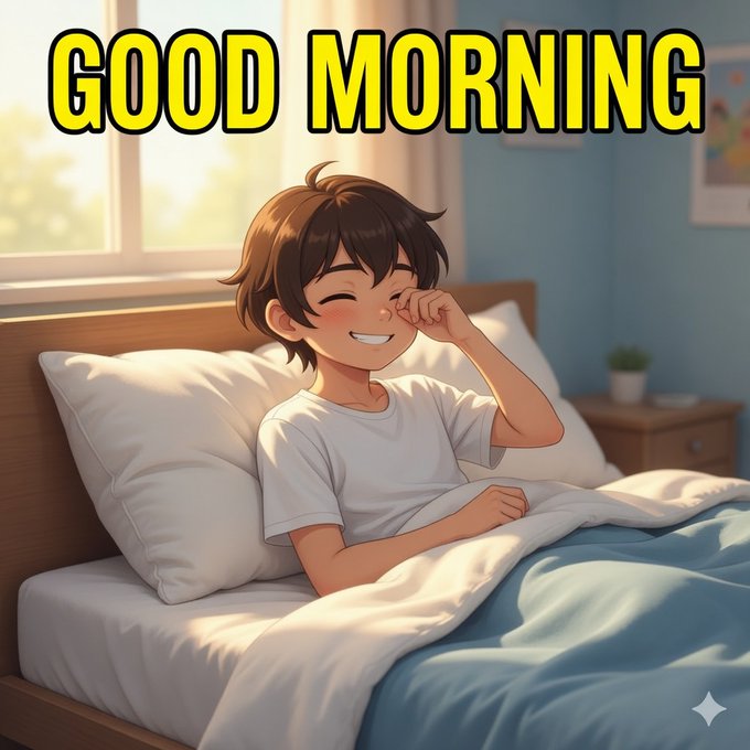 An anime-style illustration of a young boy smiling and rubbing his eye while sitting up in bed under blankets, with bold yellow text reading 'GOOD MORNING' across the top.