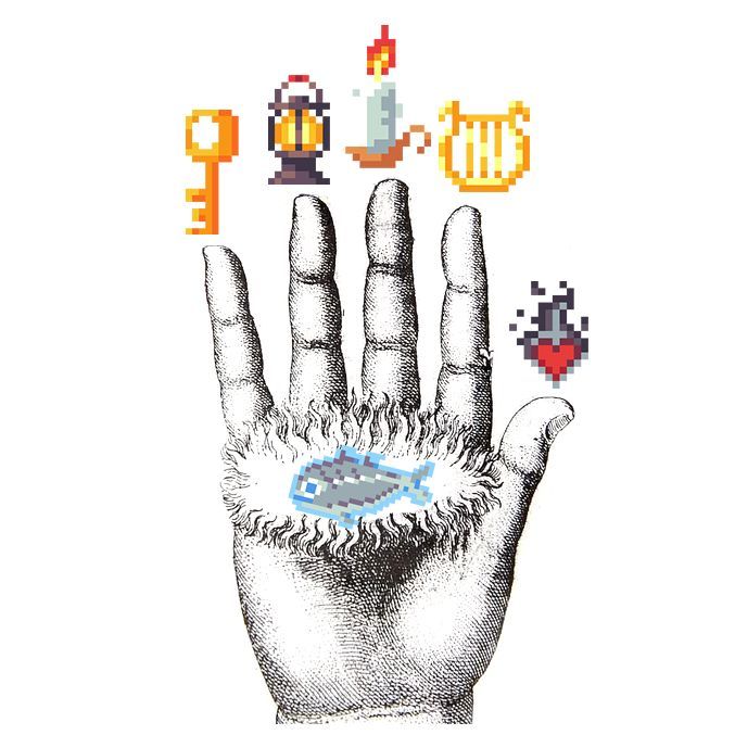 A vintage engraving of an outstretched hand bears a pixelated fish tattoo on its palm, with retro pixel-art icons of a key, lantern, oil lamp, lyre, and heart floating above the fingers—evoking the symbolic trappings of a mysterious, esoteric cult. The juxtaposition of the antiquated anatomical hand with playful 8-bit imagery captures the whimsical, almost ironic tone of "a good day to join a cult."
