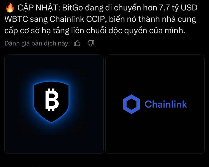 A Vietnamese crypto news update stating BitGo is moving over 7.7 billion USD in WBTC to Chainlink CCIP, featuring BitGo and Chainlink logos.