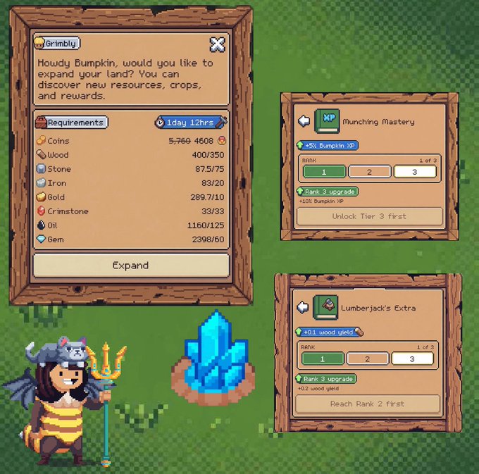 The image shows a Sunflower Land game interface displaying an expansion dialog from Grimly requesting various resources (Coins: 5,769/4608, Wood: 400/350, Stone: 875/75, Iron: 83/20, Gold: 289/710, Crimstone: 33/33, Oil: 1160/125, Gem: 2398/60), alongside two upgrade panels for "Punching Mastery" (+5% Pumpkin XP) and "Lumberjack's Extra" (+0.1 wood yield), with a character wearing a whale hat holding a trident standing next to blue crystals on grass. The image directly illustrates the post's point about needing to complete expansions to discover crystals and other resources on newly unlocked territory.