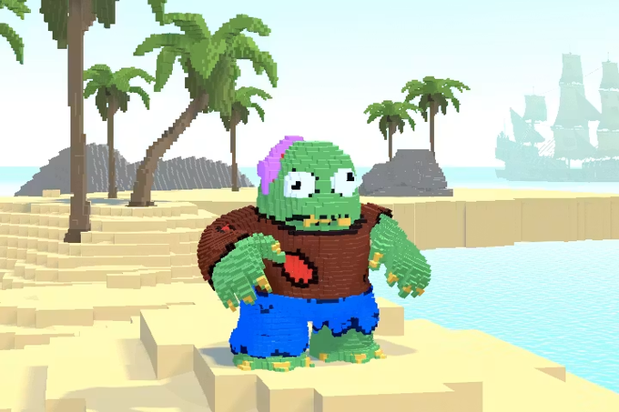 A 3D voxel/pixel art scene featuring a green monster-like character on a sandy beach with palm trees and a pirate ship in the background.