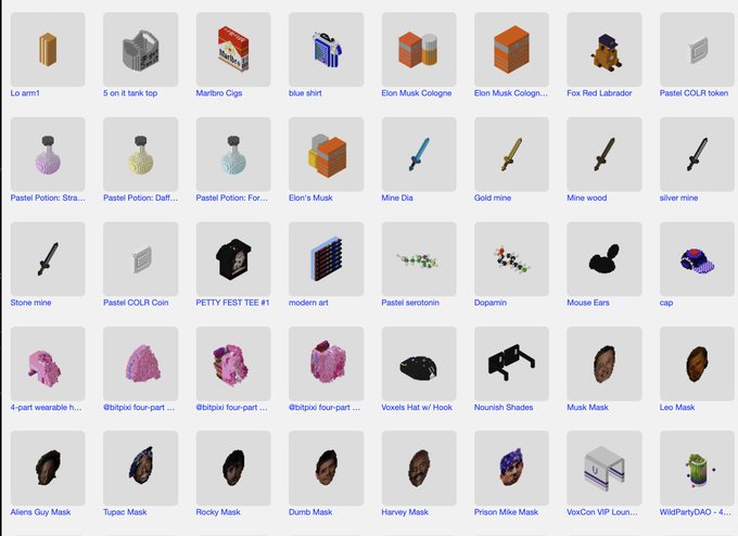 A grid catalog of various digital 3D collectible items and assets, including names like "Lo arm1", "Marlboro Cigs", "Pastel Potion", "Elon's Musk Mask", and various other themed items.