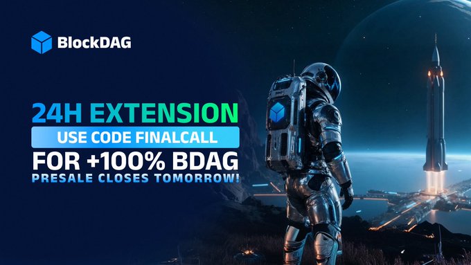 The image shows a BlockDAG promotional graphic featuring an astronaut standing before a launching rocket on a lunar landscape, with text reading "BlockDAG," "24H EXTENSION," "USE CODE FINALCALL," "FOR +100% BDAG," and "PRESALE CLOSES TOMORROW!"—directly promoting the limited-time presale extension highlighted in the accompanying post.