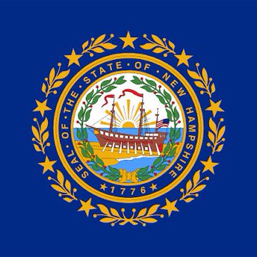 The flag of New Hampshire, featuring the state seal with a ship, a rising sun, and the date 1776, surrounded by nine stars and laurel branches on a blue field.