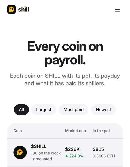 A screenshot of a website called 'shill' displaying the header 'Every coin on payroll,' with filter buttons and a table showing the '$SHILL' coin with a 224.0% increase and $815 in the pot.