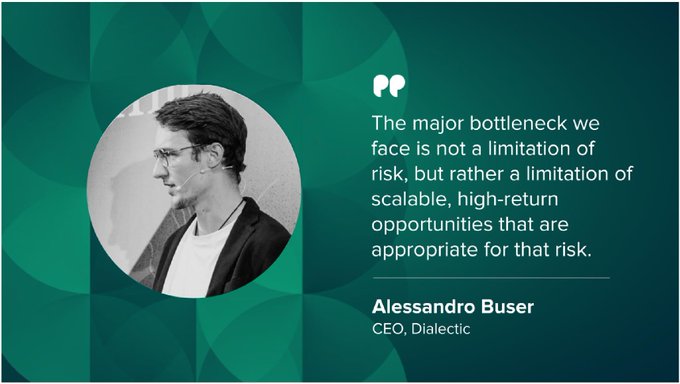 A quote graphic featuring Alessandro Buser, CEO of Dialectic, stating 'The major bottleneck we face is not a limitation of risk, but rather a limitation of scalable, high-return opportunities that are appropriate for that risk.'