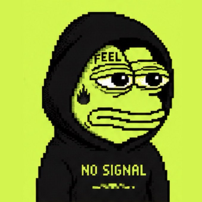 A pixel art illustration of a green Pepe the Frog wearing a black hoodie with 'FEEL' on the forehead and 'NO SIGNAL' written across the chest.