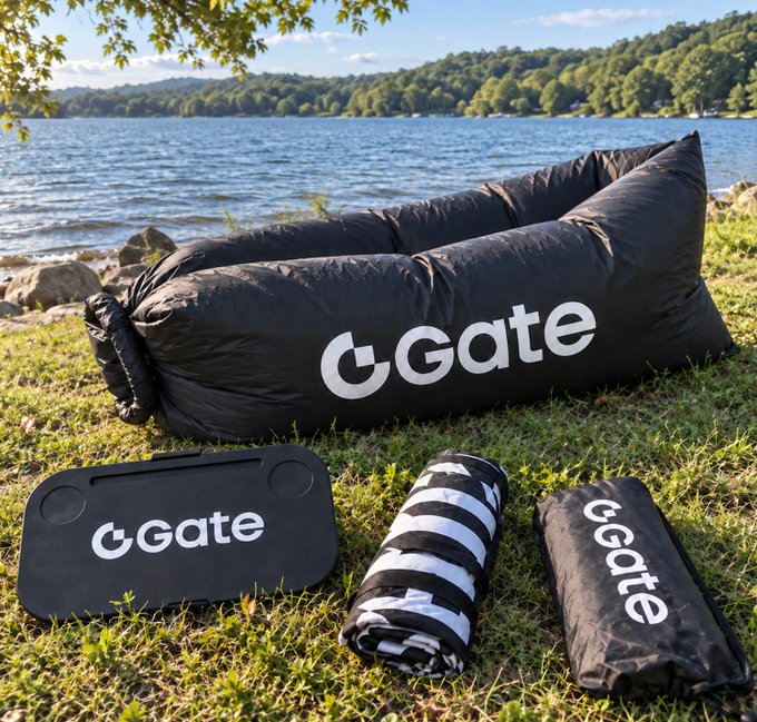Outdoor lifestyle products including a black inflatable lounger, blanket, pillow, and mat with 'Gate' branding, set by a lake.