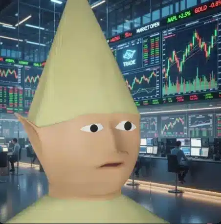 The "gm" meme image features a blank-faced character with a pointed cone hat in front of a bustling trading floor with screens showing "AAPL +2.5%", "GOLD -0.8%", and "MARKET OPEN," humorously setting the scene for a casual Sunday token trading session despite the financial backdrop.