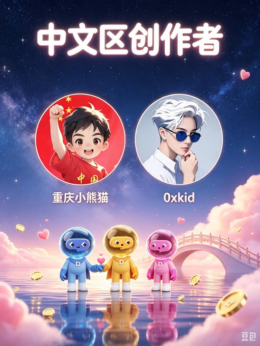 A colorful graphic with Chinese text "中文区创作者" (Chinese Region Creators) featuring two avatar portraits labeled "重庆小熊猫" and "Oxkid," along with three cartoon figures on a cloud-like bridge.