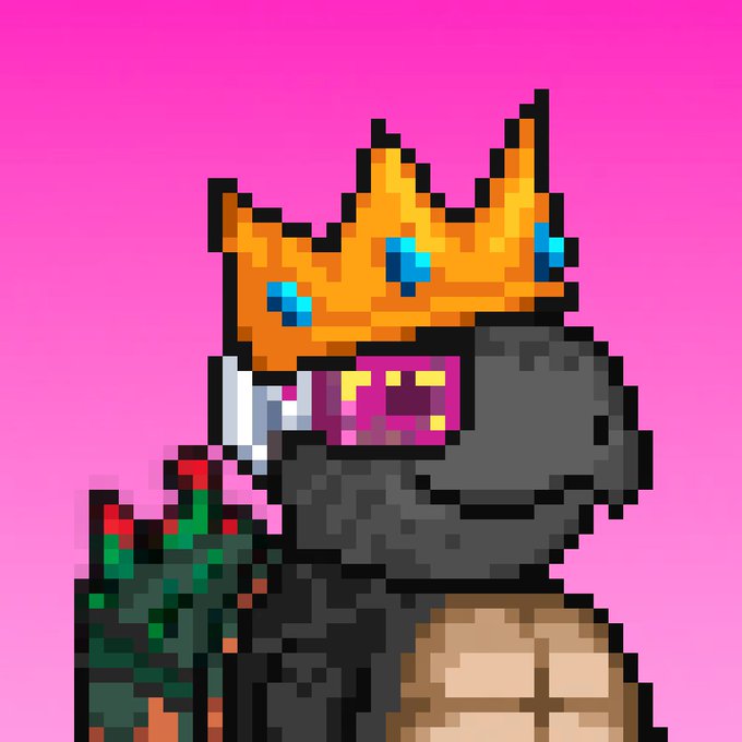 A pixel art illustration featuring a character wearing an orange pixelated crown with blue gem accents, holding a figure in a black suit, set against a bright pink background.