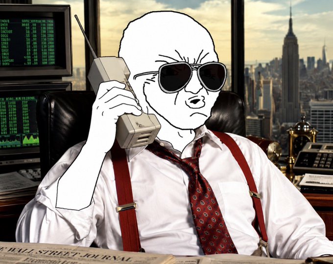 The man depicted wearing sunglasses, a white shirt with suspenders, and red tie is talking on his phone at an office desk. The office appears to be part of Wall Street Journal as there are elements such as a computer monitor and a clock visible in the scene. In the background, a building can be seen, indicating that this office might be located within a financial district or near other professional buildings like banks. The post describes what's happening in the image with specific details about it being related to Wall Street Journal, suggesting that this may be an advertisement or promotional piece featuring the man talking on his cell phone at work.