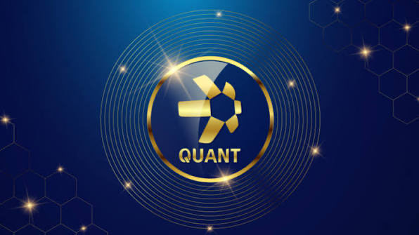 Digital graphic displaying the 'QUANT' logo with a gold and blue geometric emblem on a deep blue background with hexagonal patterns and sparkling light effects.