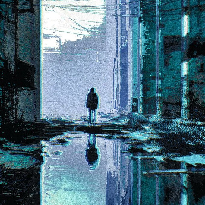 Atmospheric blue-toned painting of a lone silhouetted figure standing in an urban passage, their reflection visible in a puddle on the wet ground.