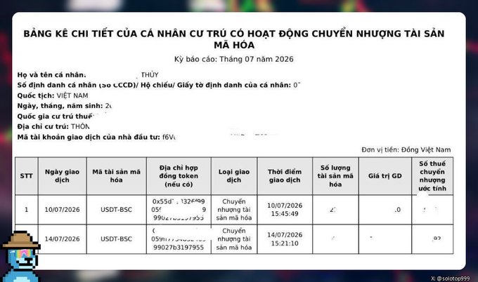 A Vietnamese tax declaration form titled 'BẢNG KÊ CHI TIẾT CỦA CÁ NHÂN CƯ TRÚ CÓ HOẠT ĐỘNG CHUYỂN NHƯỢNG TÀI SẢN MÃ HÓA' detailing USDT-BSC transactions.