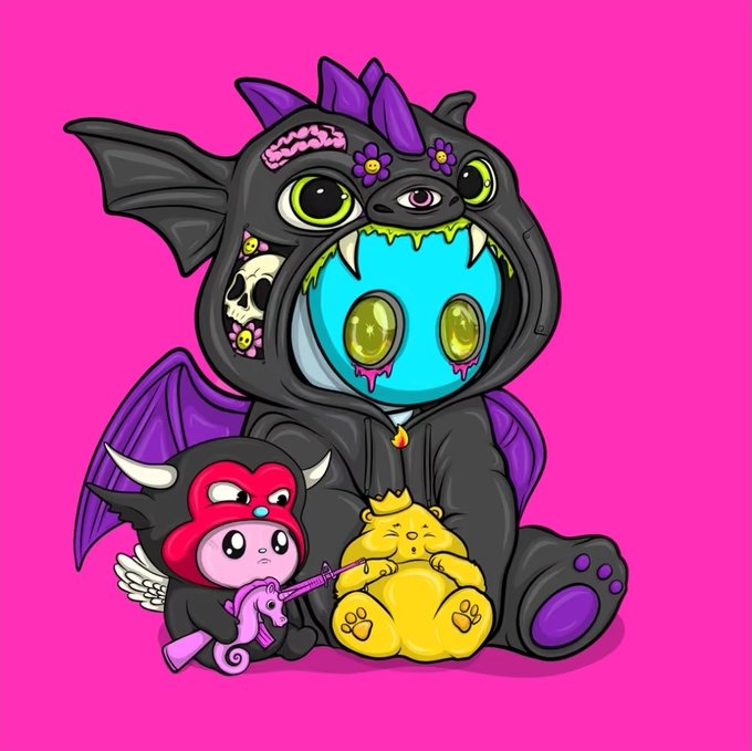 A digital illustration on a bright pink background features a chibi-style bat character in a black hooded onesie with three eyes and fangs, sitting with a yellow cat and a small red demon holding a purple seahorse-shaped gun.