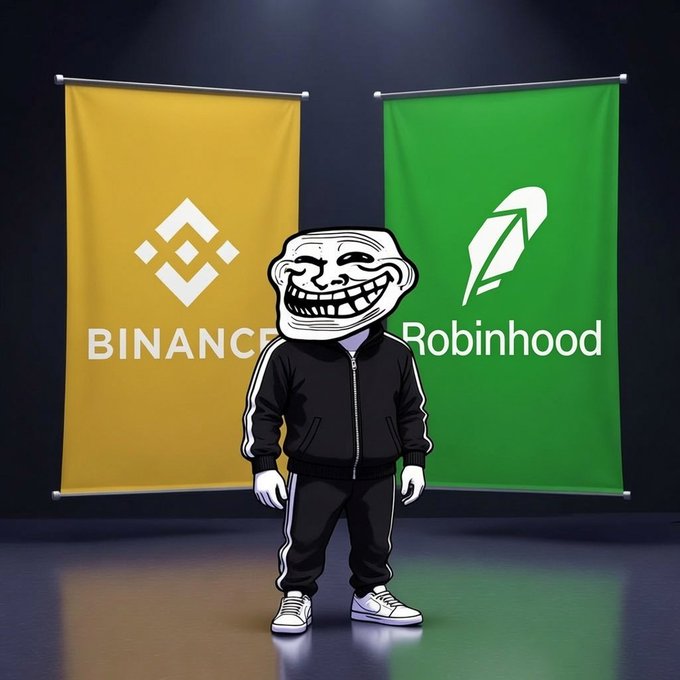 A troll-face character in a black tracksuit stands between Binance and Robinhood banners, visually representing the post's hype about a potential "$TROLL" meme coin listing on both platforms.