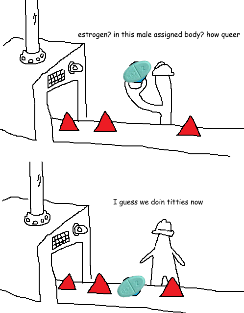A two-panel black-and-white line drawing meme depicting a figure taking estrogen pills, with the top panel reading 'estrogen? in this male assigned body? how queer' and the bottom panel humorously stating 'I guess we doin titties now' as pills are dropped among red triangles.