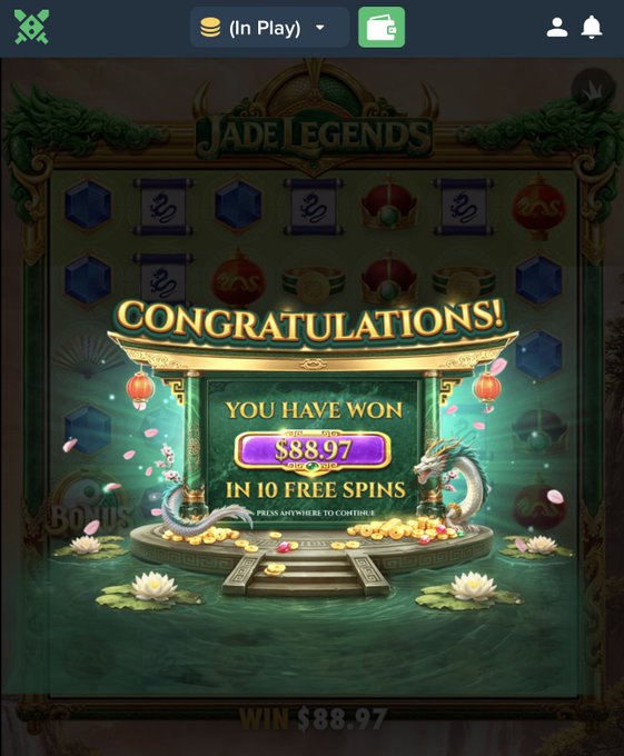 A slot game screen displays a "CONGRATULATIONS! YOU HAVE WON $88.97 IN 10 FREE SPINS" pop-up over the "Jade Legends" game, matching the post's $88.97 win from a $0.20 spin highlight.