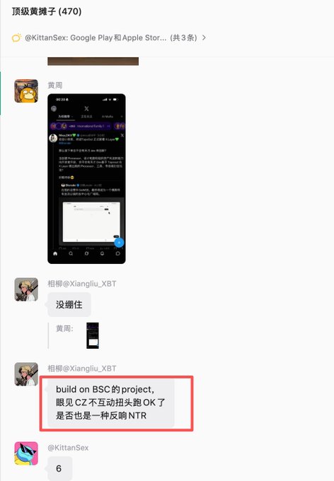 A Chinese social media conversation about '顶级黄段子' (top-level dirty jokes) is shown, featuring a highlighted message that says 'build on BSC project, 眼见 CZ 不互扣抬头 OK了 是否也是一种反哺 NTR' (Build on BSC project, seeing CZ not deducting titles, OK, is this also a form of NTR feedback).