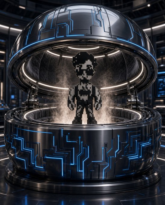 A pixelated character emerging from a futuristic, illuminated metallic pod or chamber with blue circuit-like patterns, set in a sci-fi environment.