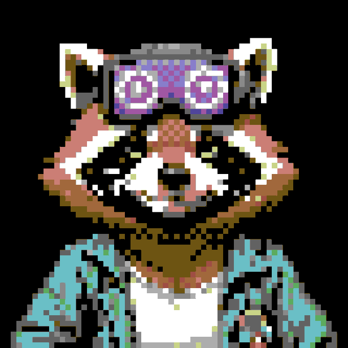 Pixel art illustration of a raccoon wearing purple square sunglasses and a blue jacket with headphones around its neck against a black background.