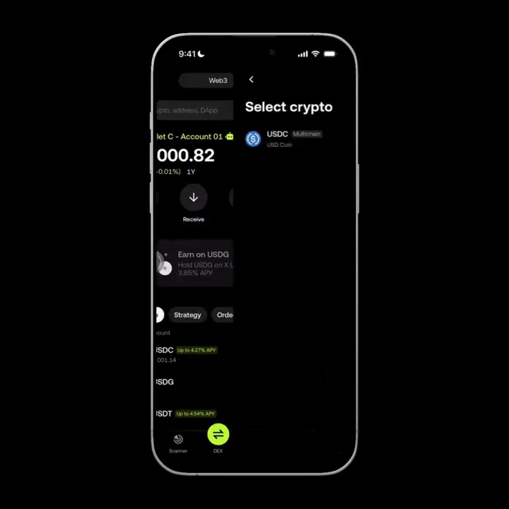 The image shows a cell phone screen displaying various app icons and information related to cryptocurrency trading. The main focus of the image is an app called "Select crypto" that allows users to select their desired cryptocurrency, such as Bitcoin or Ethereum, for trading purposes. The app also provides details about the transaction fees and the exchange rate between different cryptocurrencies.