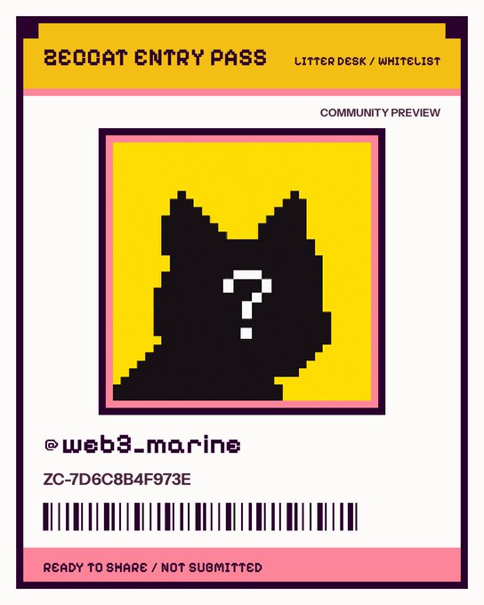 A digital entry pass titled 'ZEDOAT ENTRY PASS' for 'COMMUNITY PREVIEW' featuring a pixelated black silhouette with a question mark, the username '@web3_marine', a code 'ZC-7D6C8B4F973E', a barcode, and the status 'READY TO SHARE / NOT SUBMITTED'.