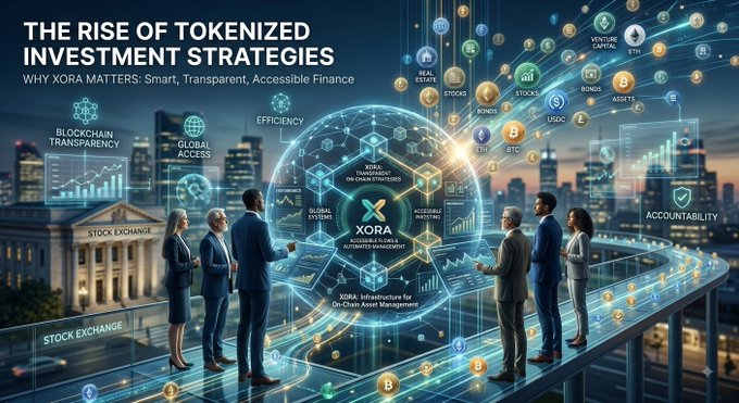 A promotional banner titled 'THE RISE OF TOKENIZED INVESTMENT STRATEGIES - WHY XORA MATTERS: Smart, Transparent, Accessible Finance', showing business people amid a futuristic cityscape with stock exchange and crypto symbols surrounding an XORA infrastructure graphic.