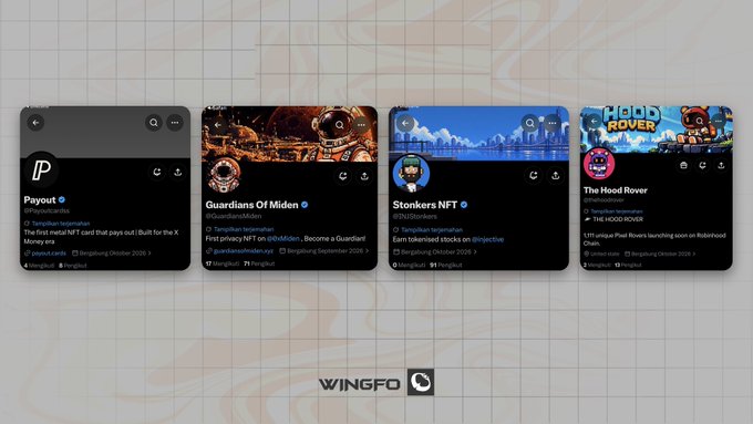 Four NFT project cards displayed on a grid background under the "WINGFO" brand, featuring Payout (the first metal NFT card paying out, built for the X Money era), Guardians Of Miden (first privacy NFT on 0xMiden), Stonkers NFT (tokenised stocks on Injective), and The Hood Rover (1,111 unique Pixel Rovers launching on Robinhood), each with preview imagery, project handles, and tags.