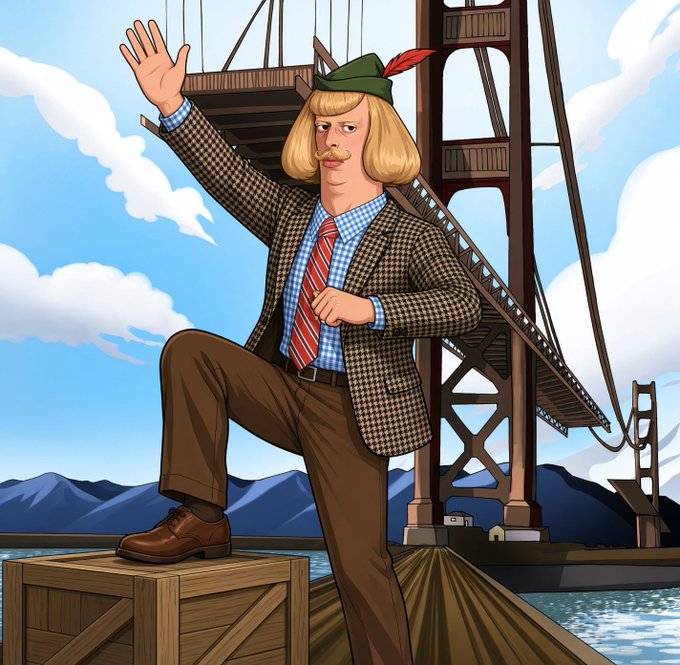 A cartoon illustration of a man in a houndstooth jacket, red tie, and feathered cap posing dramatically on a wooden crate with the Golden Gate Bridge in the background.