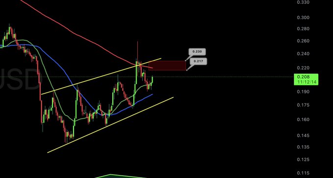 The image displays a candlestick price chart of USE (likely a Cardano/ADA-related asset) with moving averages and yellow trendlines forming an ascending channel, highlighting key resistance levels at 0.217 and 0.230. The chart visually supports the post's claim by showing price action testing the red 200-day moving average resistance zone, with the asset currently trading at 0.208 as of 11:12.