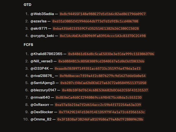 A list displays cryptocurrency wallet addresses categorized under 'GTD' and 'FCFS' headings, paired with Twitter handles like '@Web3Sadia', '@azaz1sa', and '@crypto_beki'.