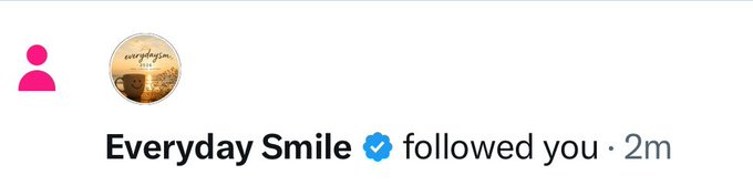 A social media notification showing that the verified account 'Everyday Smile' followed you 2 minutes ago.