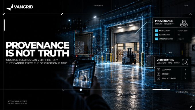 A promotional graphic for VANGRID with the text 'PROVENANCE IS NOT TRUTH' and 'ONCHAIN RECORDS CAN VERIFY HISTORY, THEY CANNOT PROVE THE OBSERVATION IS TRUE,' showing a warehouse scene with a person holding a phone.