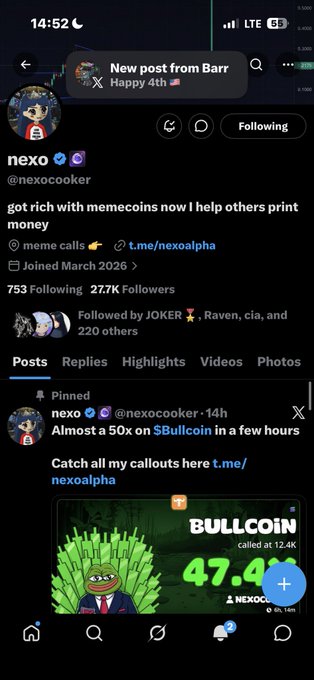 A screenshot of the X (Twitter) profile of @nexocooker (display name "nexo"), a crypto influencer with 277K Followers, showing a pinned post calling out "Almost a 50x on $BULLCOIN in a few hours" after originally calling it at 12.4K, now priced at 47.4K.

The image shows a profile that appears linked to the tweet: the Solana contract address (BakyXRTtW2cdivHrqoENQhSfaMjGLRgDudV8QSBGcKNf) serves as a thank-you/shill tag directed at the nexo account, tying the poster's gratitude to the earlier BULLCOIN callout highlighted on the profile.