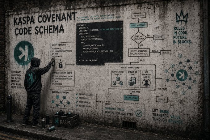 A hooded figure spray-paints the "KASPA COVENANT CODE SCHEMA" on a brick wall, with a Kaspa-branded toolbox at their feet and the tagline "RULES IN CODE, FUTURE IN BLOCKS." The graffiti outlines covenant steps—including script template, lock time, version, and verify conditions—visually mapping the technical framework referenced in the "#Kaspa covenant for all $KAS" post.