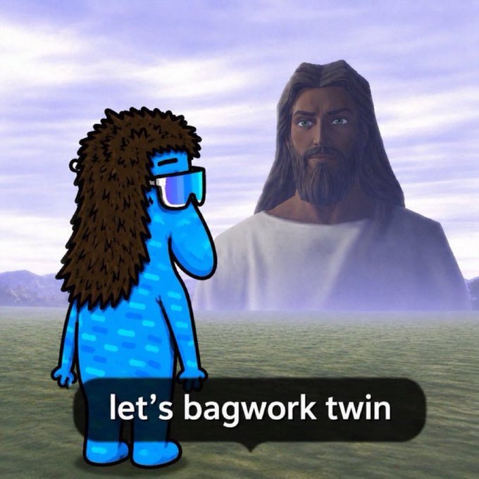 A blue cartoon character with long brown hair and sunglasses stands in a field facing a giant image of Jesus, with the caption "let's bagwork twin" displayed at the bottom—fitting the post's "GM Patty I suited up" energy as the character appears ready for action in a surreal, meme-style crossover.