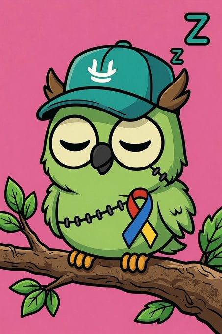 The image features an owl wearing a hat, sitting on a tree branch. The owl appears to be sleeping or taking a nap while perched on the branch. The background of the image is pink with green leaves surrounding the owl. There are also some text elements in the image that read "Good night guys Really excited that it' s Friday tomorrow I m glad that I earned more than 2 quacks from @wallchain today. Hope to go back to the level when I used to earn more than 2 quacks a day Market is bleeding with more pain in store ahead but InfoFI seems to be making a".