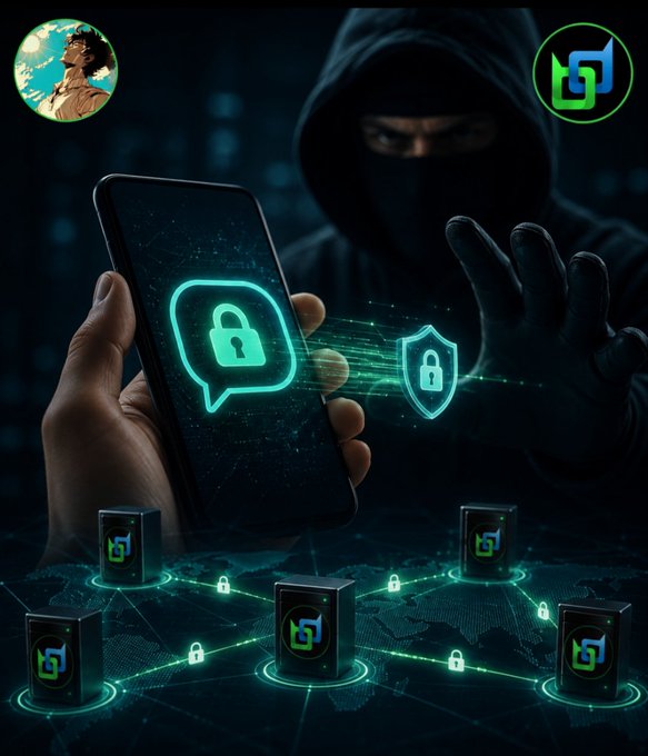 A digital artwork depicts a hooded figure holding a smartphone displaying a lock icon, surrounded by floating holographic security shields and network nodes.