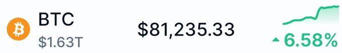 A cryptocurrency tracker displays Bitcoin (BTC) at $81,235.33 with a market cap of $1.63T and a green upward trend showing a 6.58% increase.