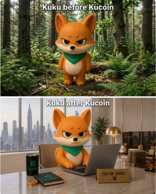 The image shows a meme split into two panels: the top panel reads "Kuku before Kucoin," depicting an orange fox-like character in a forest wearing a green bandana, while the bottom panel reads "Kuku after Kucoin," showing the same character in a luxurious high-rise office with a city skyline, working on a laptop alongside a "KUCOIN" tumbler, a notebook, gold coins, and a "CEO OF GAINS" nameplate.

The image visually reinforces the post's "wild vs. boss" trading narrative, illustrating how using KuCoin has transformed Kuku from a rugged forest trader into a polished, wealthy crypto CEO—aligning with the hashtags about leveling up portfolios and achieving financial freedom.
